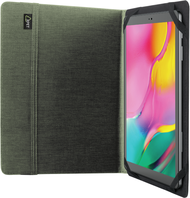 Tablet zöld tokban, képernyő kifelé néz, színes kijelzővel.