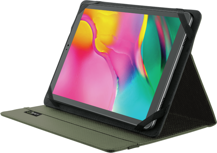 Egy tablet zöld tokban, fekete pántokkal, amelyek a tabletet tartják.