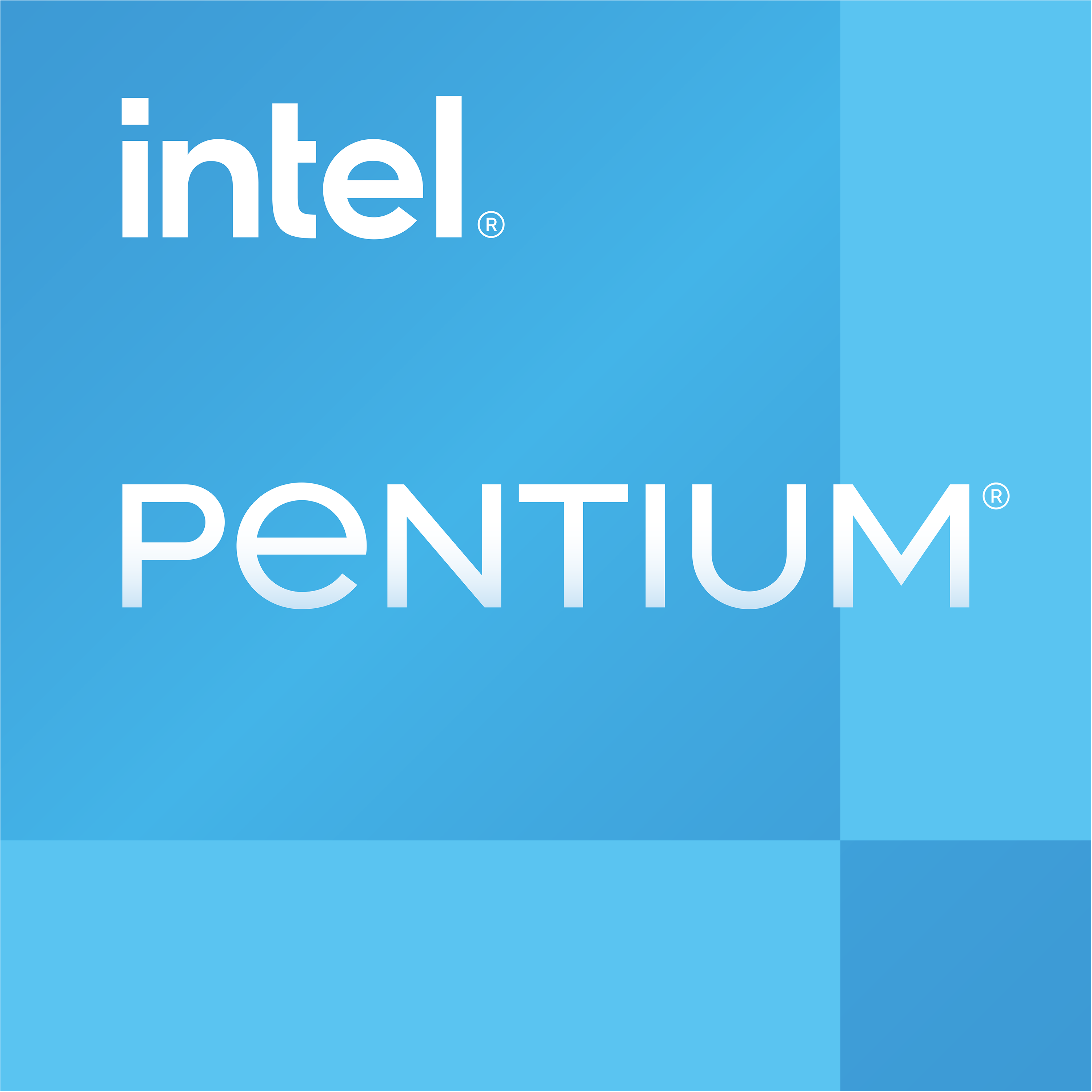 Logo Intel Pentium su sfondo blu.