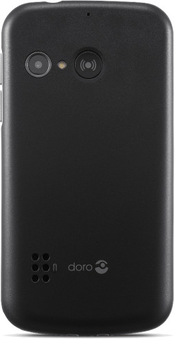 Black Doro phone back with camera and speaker, white doro logo.