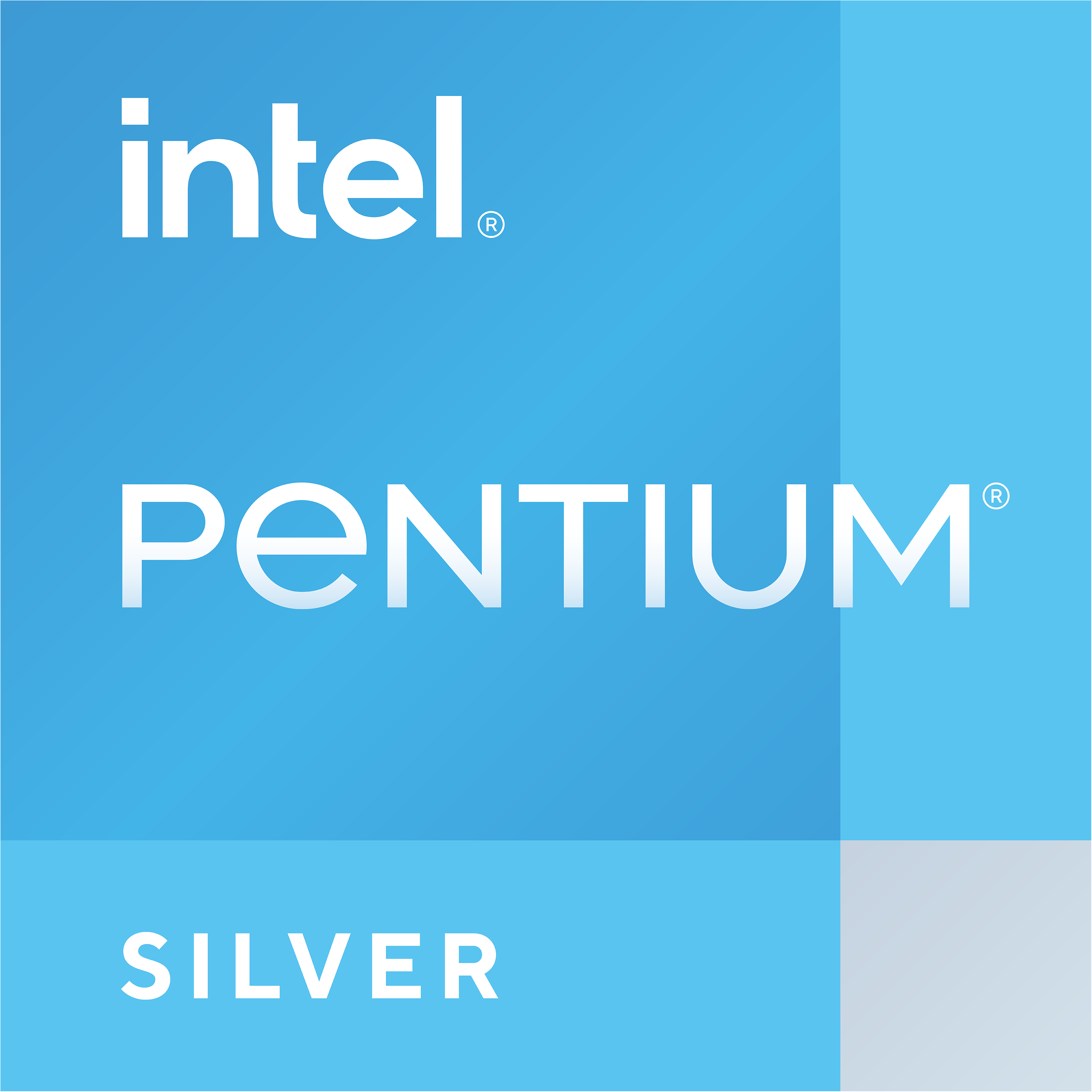 Intel Pentium Silver Logo auf blauem Hintergrund.