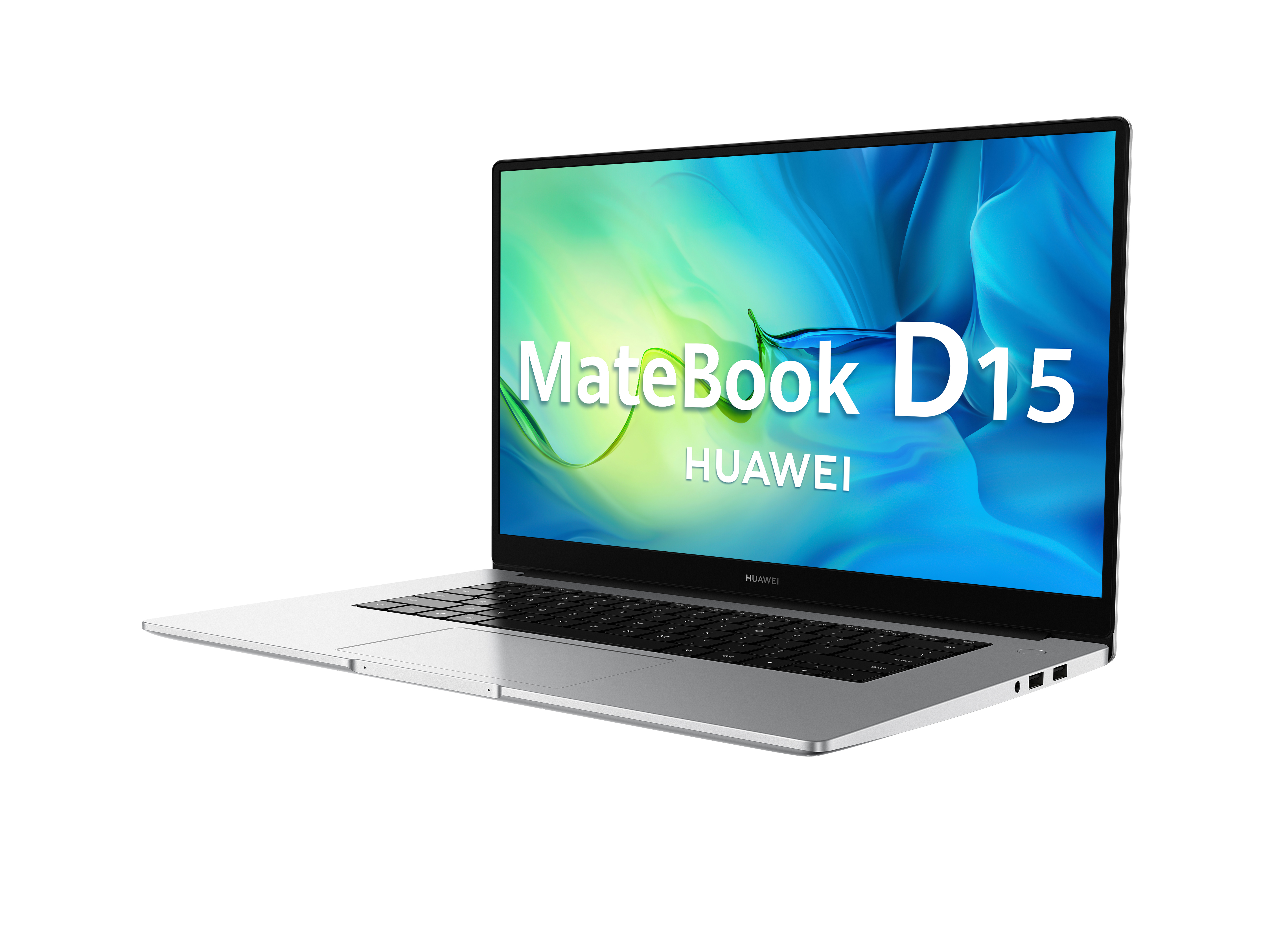 Portátil plateado con pantalla abierta, muestra 'MateBook D15' y 'HUAWEI' sobre fondo blanco.