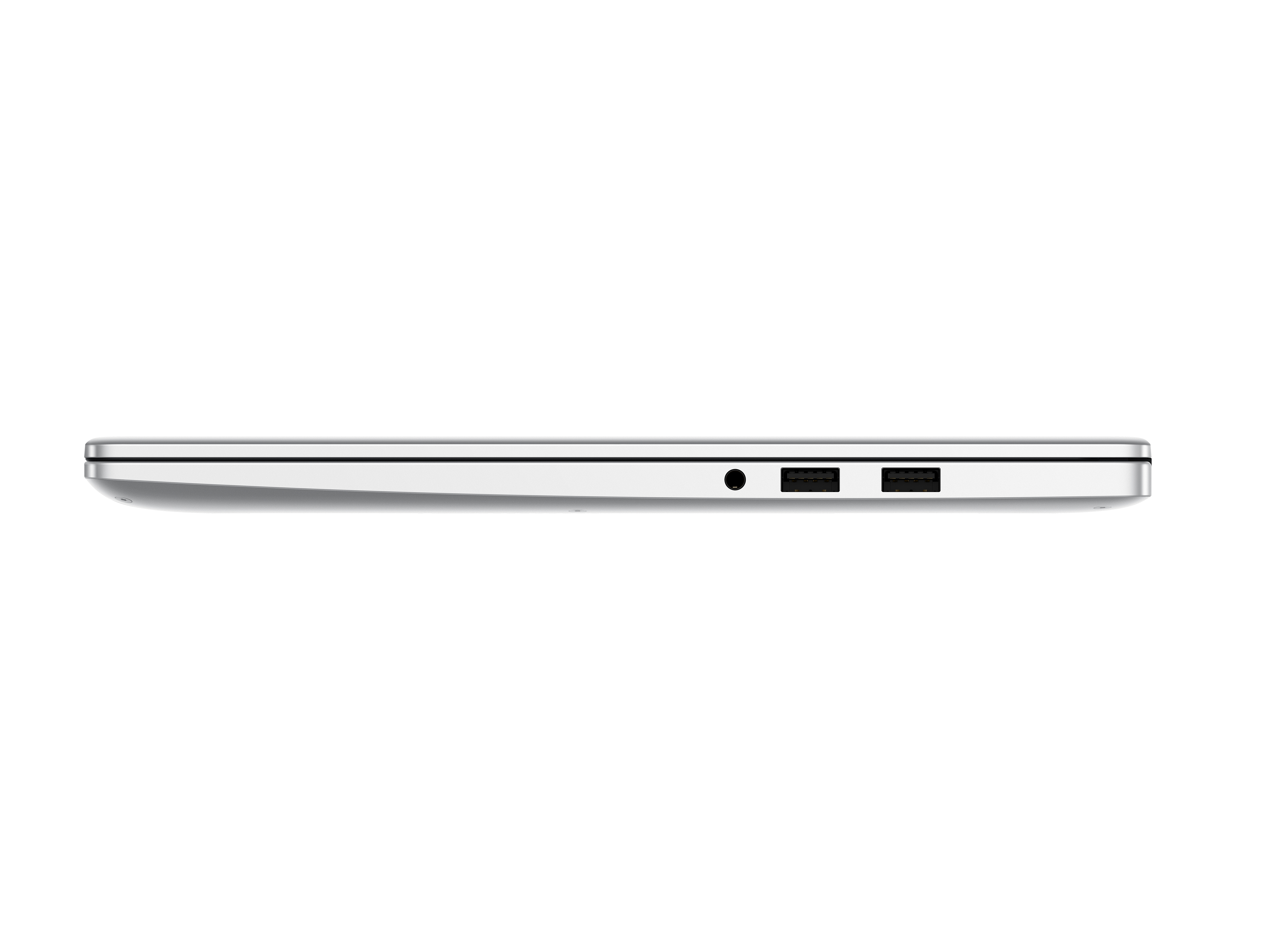 Vista lateral de un portátil plateado. Tiene un conector para auriculares y dos puertos USB.