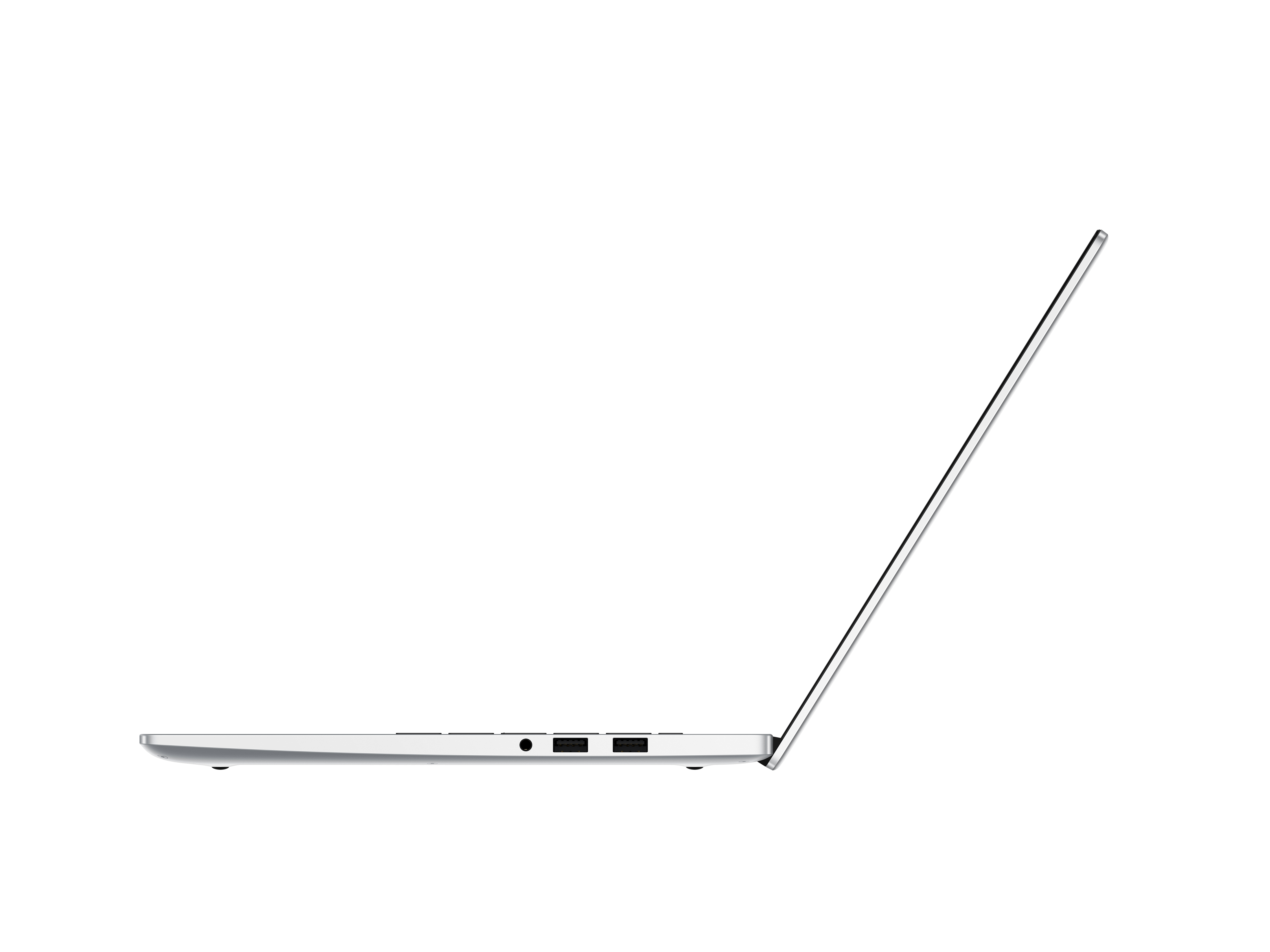 Un portátil blanco, vista lateral, con la pantalla abierta, aislado sobre un fondo blanco.