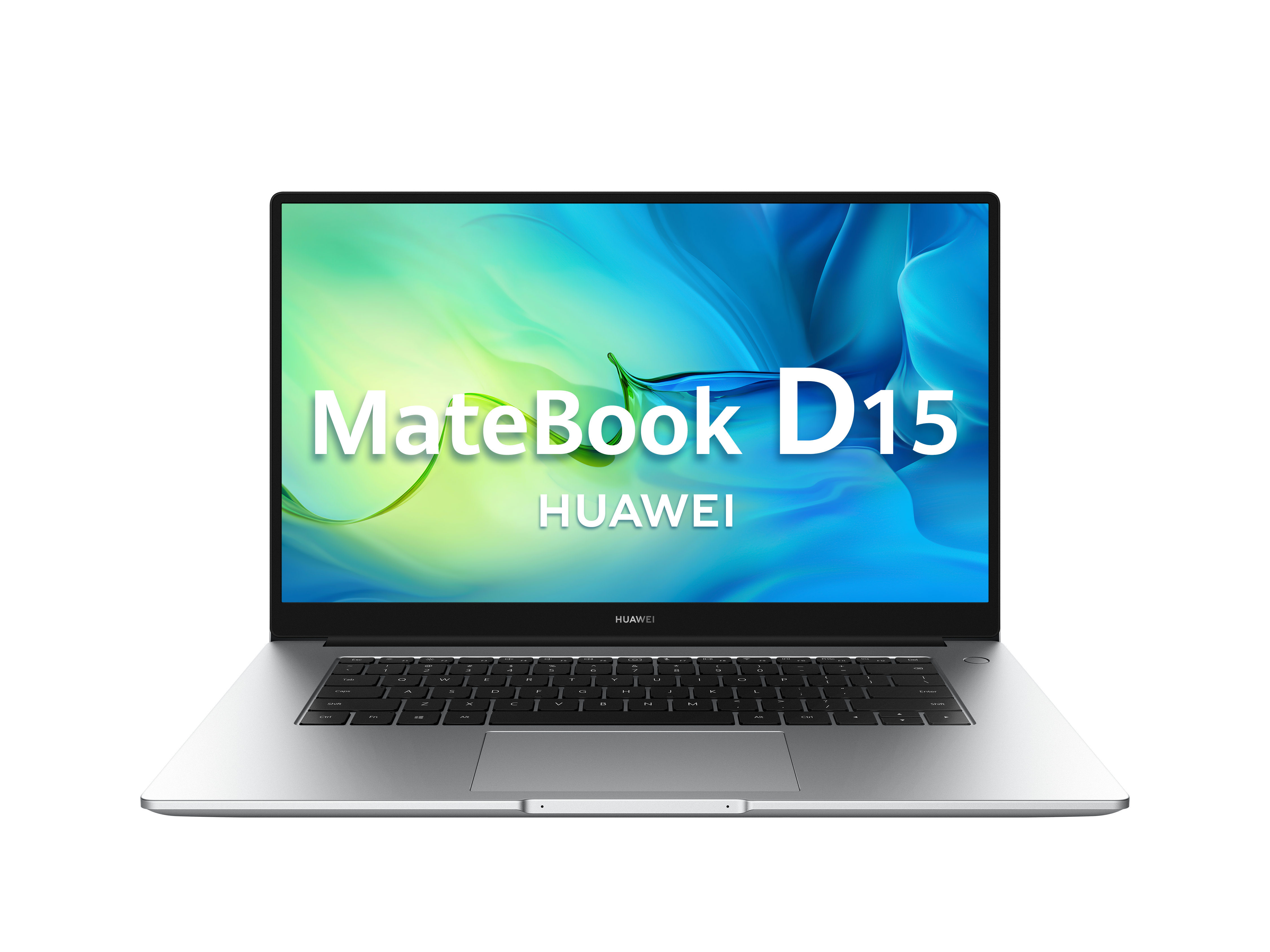 Portátil plateado Huawei MateBook D15, abierto, mostrando el texto 'MateBook D15' en pantalla.