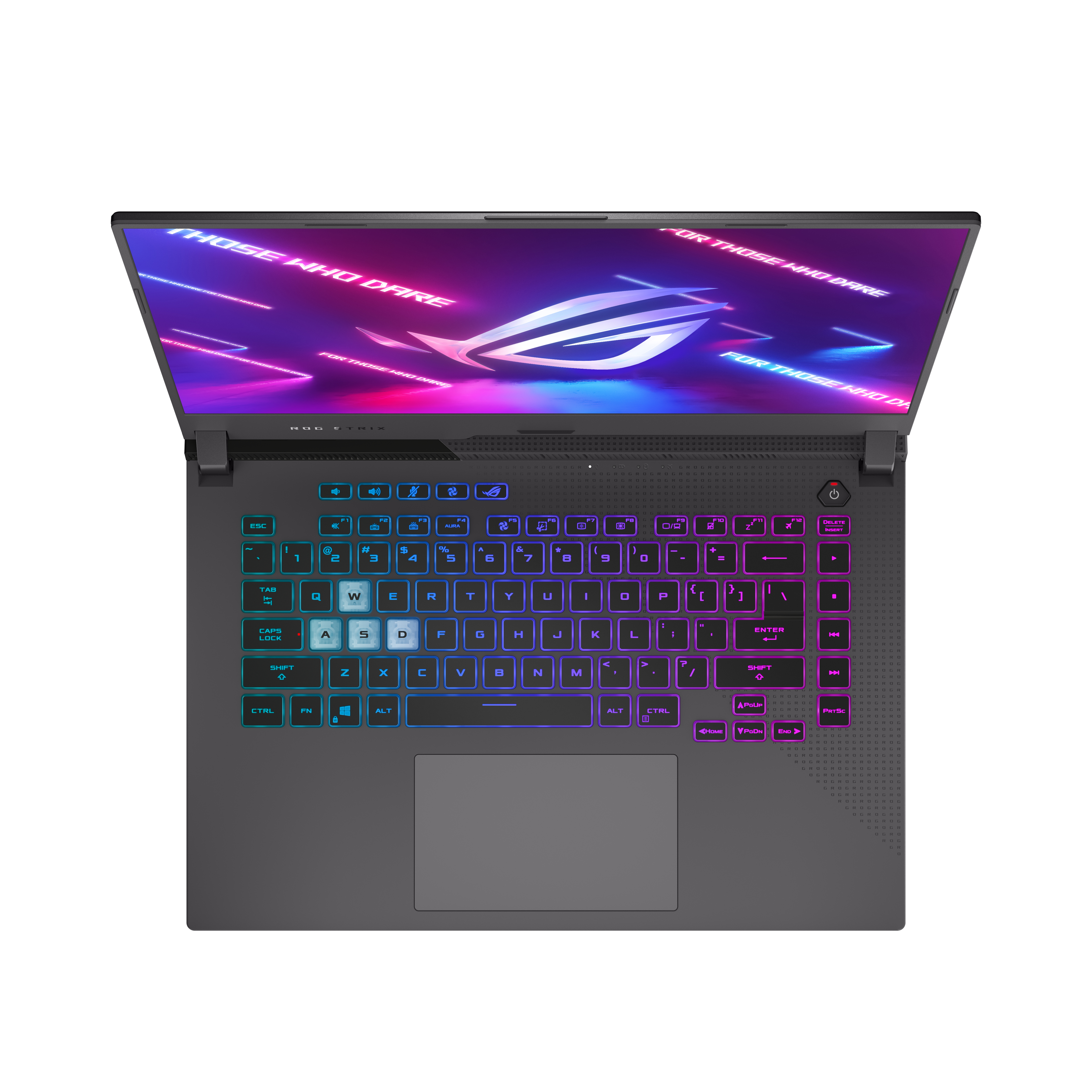 Una laptop para juegos, abierta. Teclado iluminado con colores. Pantalla muestra interfaz de juego colorida. Fondo blanco.
