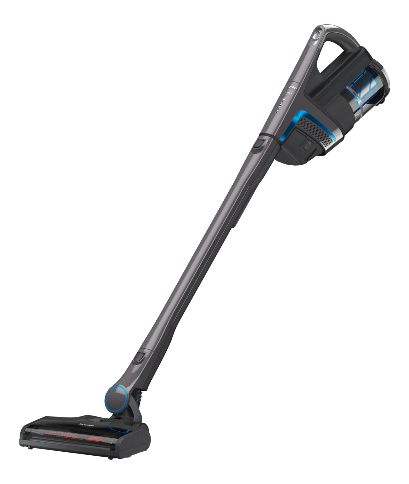Aspirateur sans fil gris et noir. Il se tient sur un fond noir. La poignée est inclinée vers le haut.