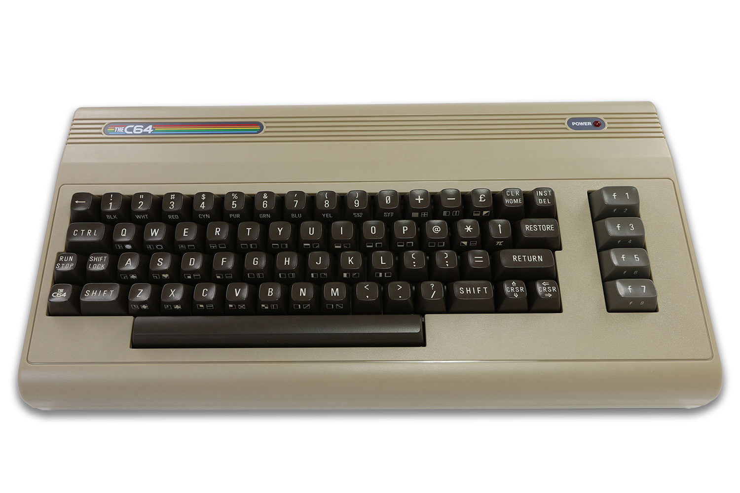 Beige Commodore 64-Tastatur. Schwarze Tasten mit weißer Beschriftung. Regenbogenstreifen über den Tasten.