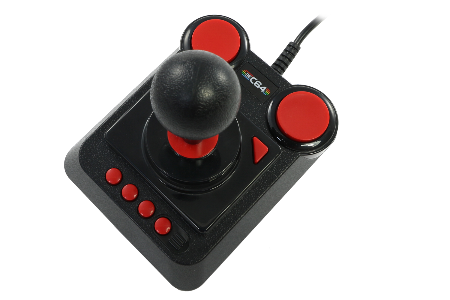 Schwarzer Joystick für C64. Er hat einen schwarzen Ball, rote Knöpfe und eine schwarze Basis.