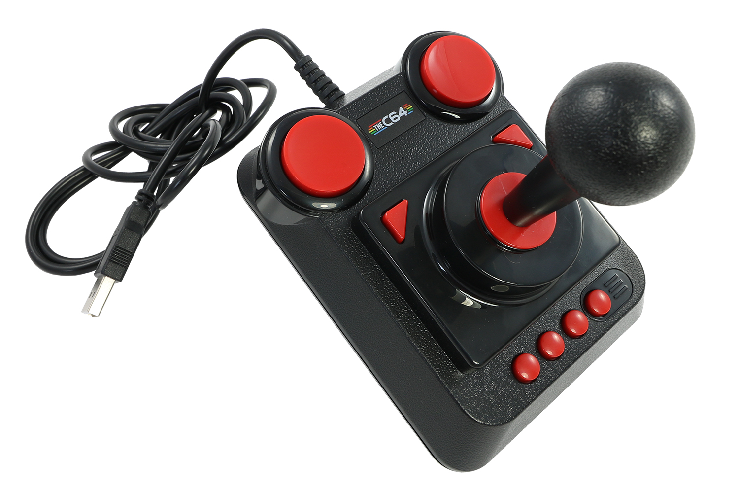 Schwarzer C64-Joystick mit roten Knöpfen und einem schwarzen Ball oben.