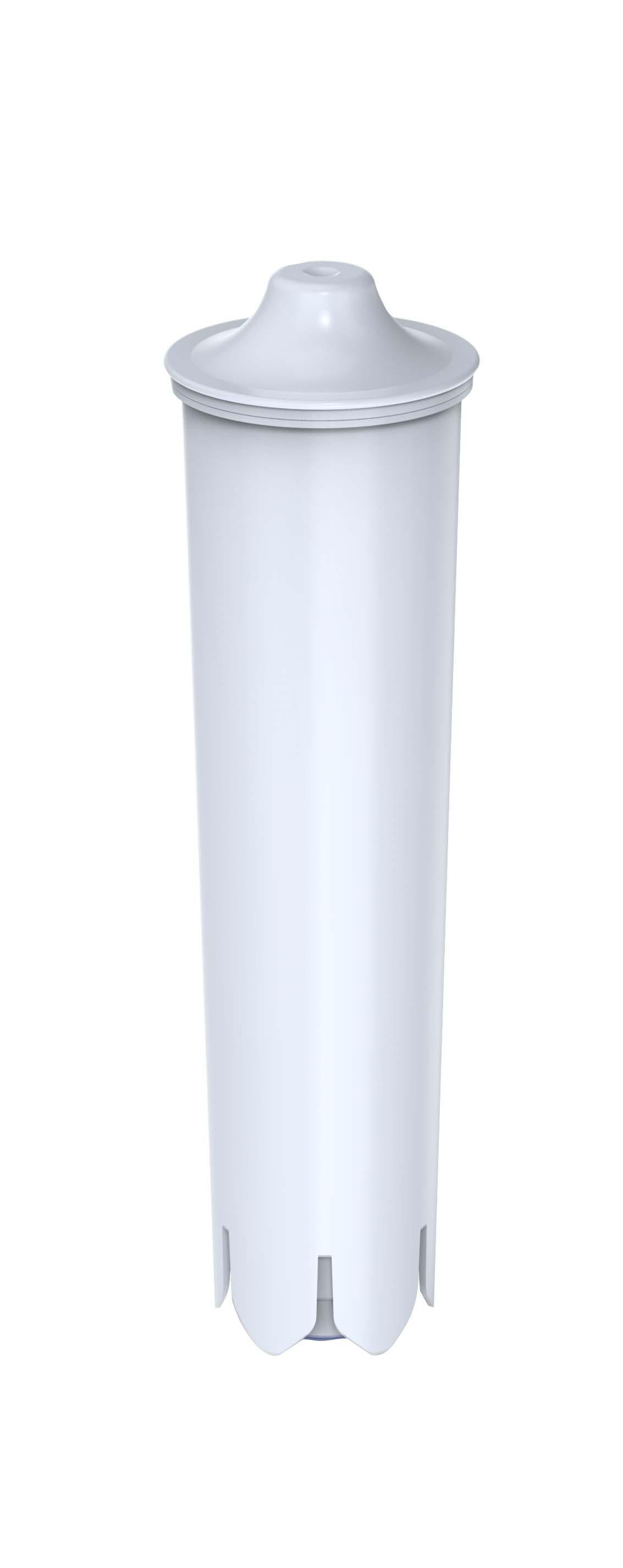 Weißer Wasserfilter, zylindrisch, mit Deckel und geriffeltem Boden.