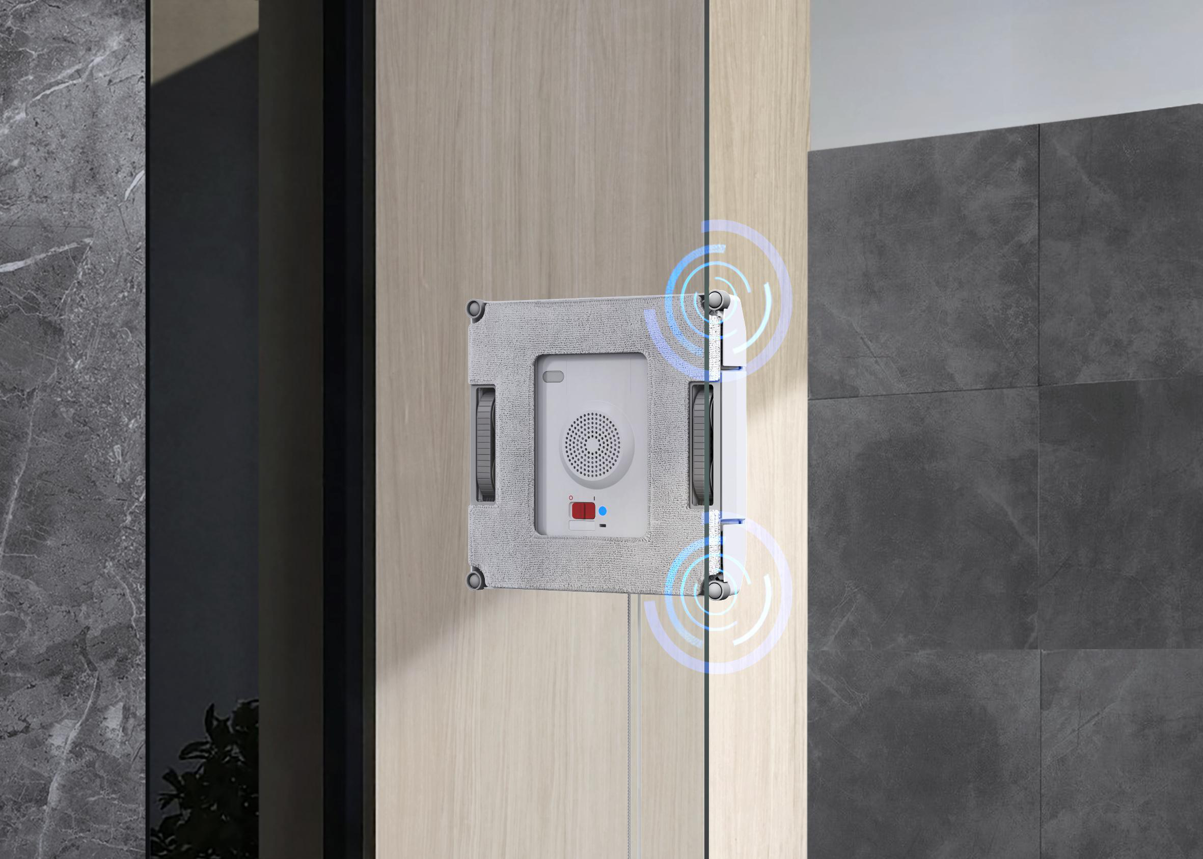 Roboter-Fensterreiniger an einer Wand mit grauer Textur.