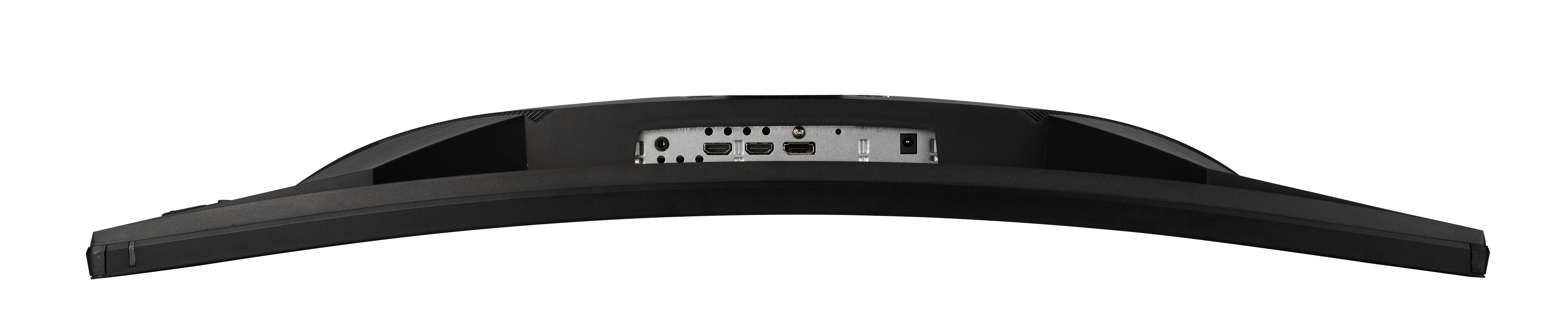 Rückseite eines gewölbten Monitors mit Anschlüssen. Schwarze Farbe. Weißer Hintergrund.