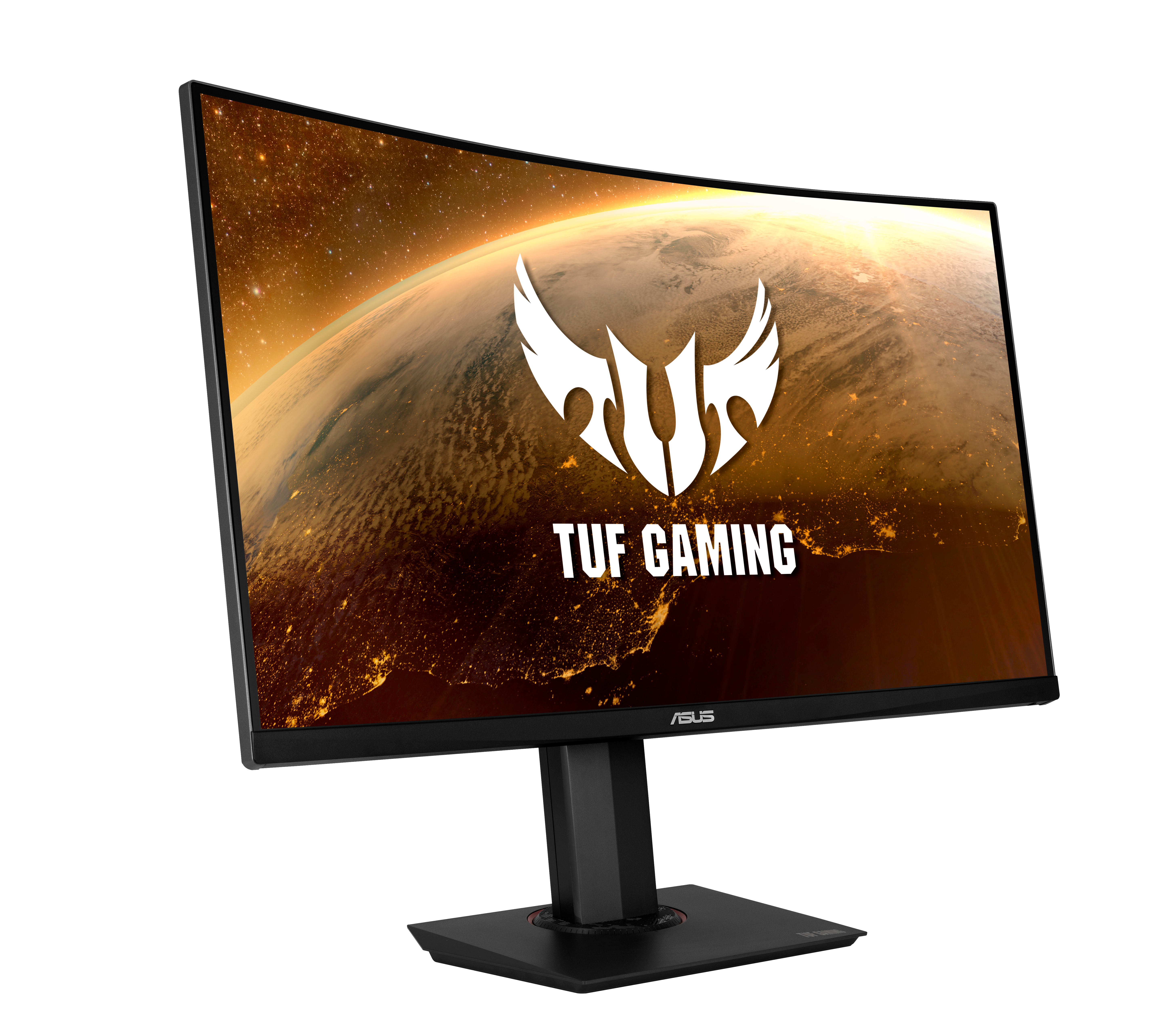Ein gewölbter Gaming-Monitor mit dem TUF GAMING-Logo und einem Hintergrund mit nächtlichen Stadtlichtern.
