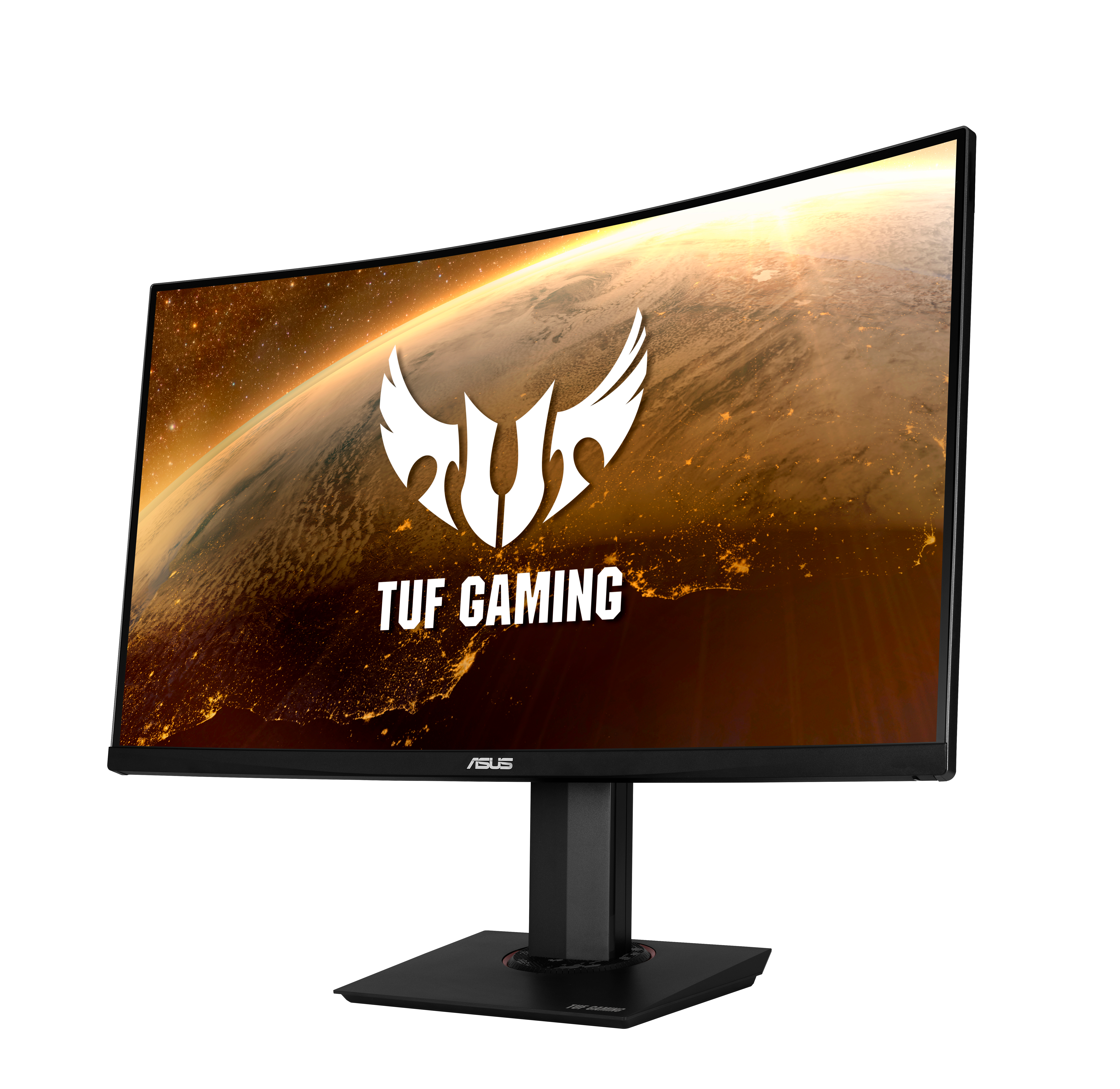 Ein gebogener schwarzer Computermonitor mit dem TUF GAMING-Logo und einem Hintergrund aus Land.