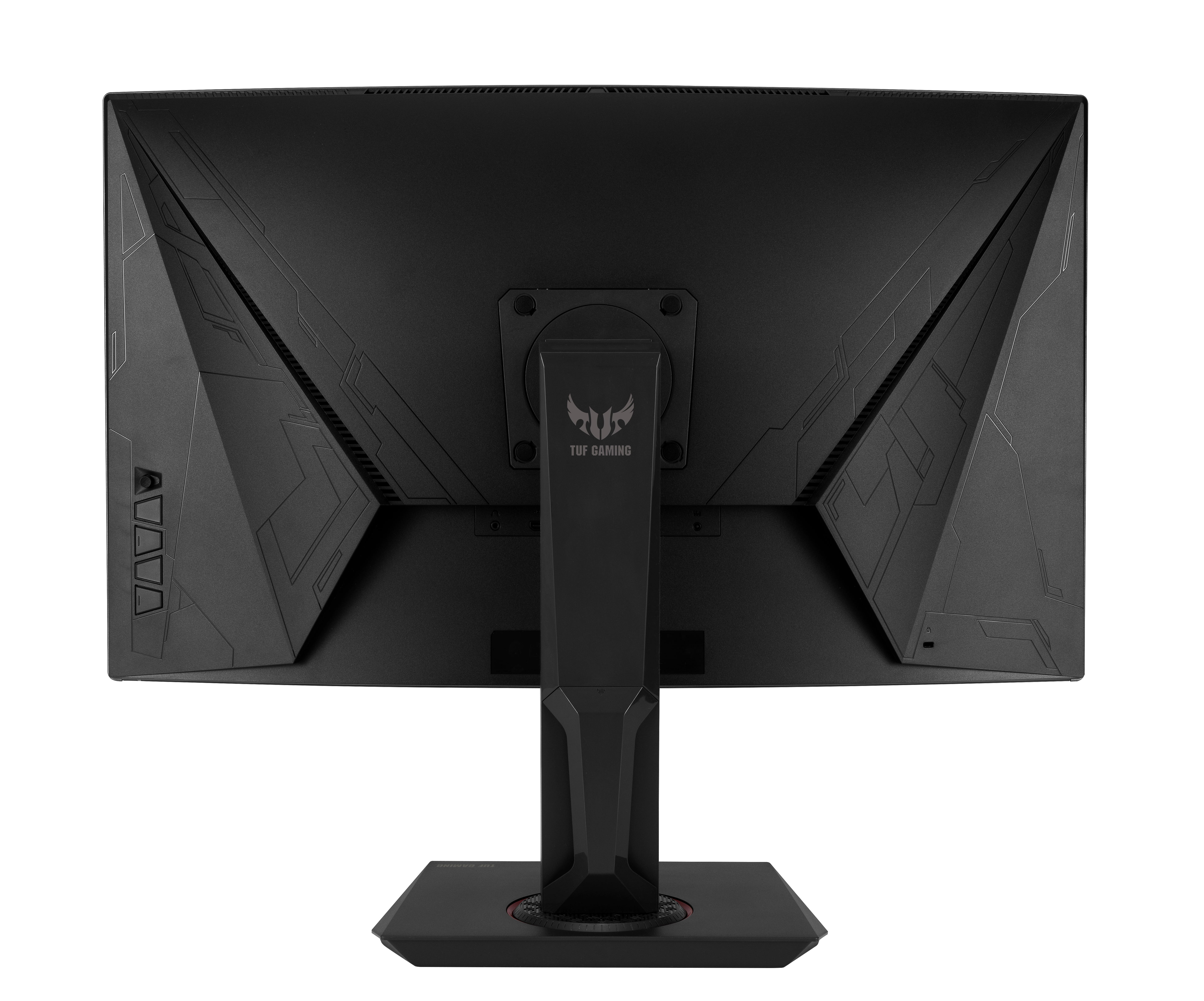 Rückansicht eines schwarzen Computermonitors mit Ständer, mit TUF Gaming Logo.