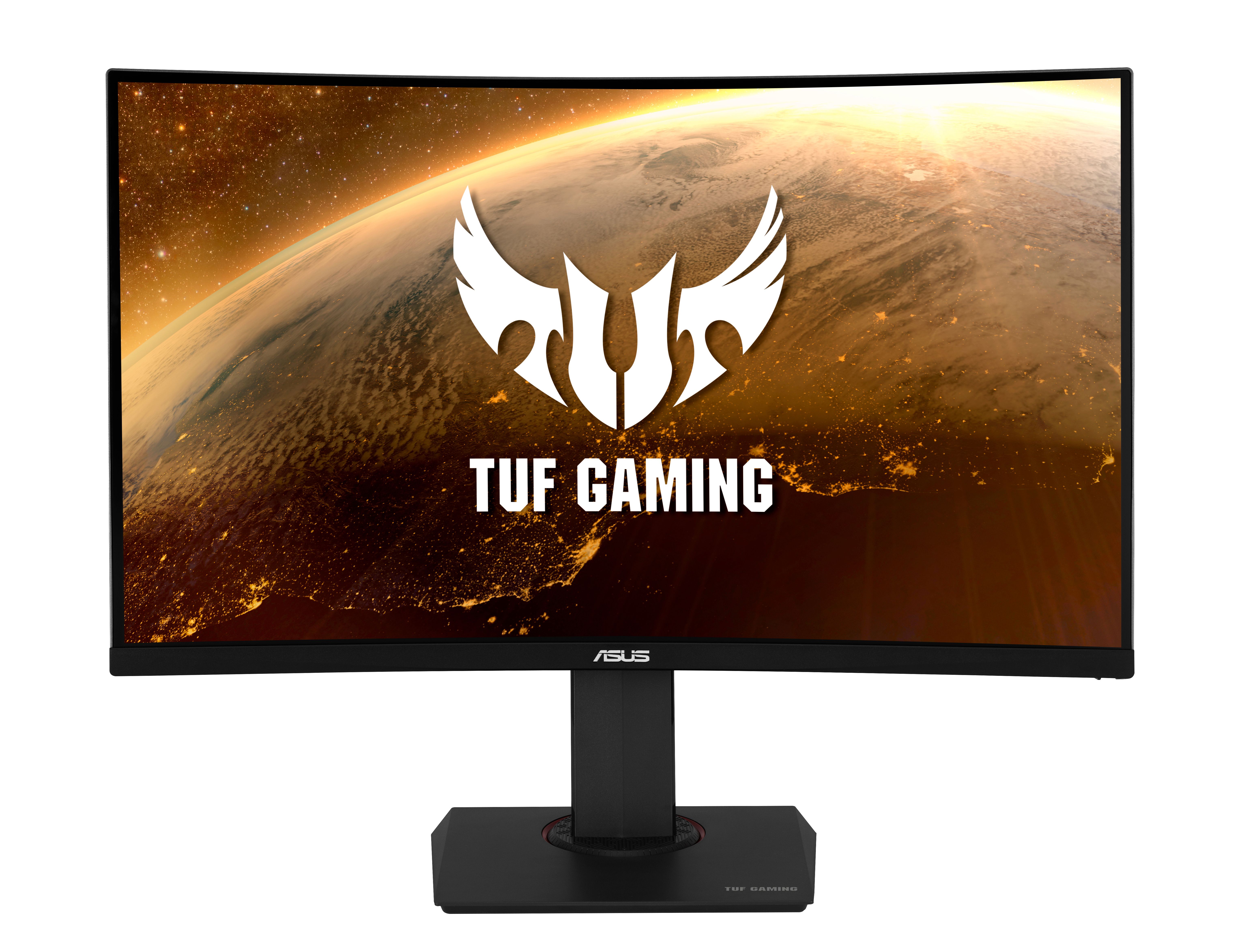 Gebogener TUF Gaming Monitor, schwarzer Rahmen, mit dem TUF Gaming Logo und einem Hintergrund einer Welt.