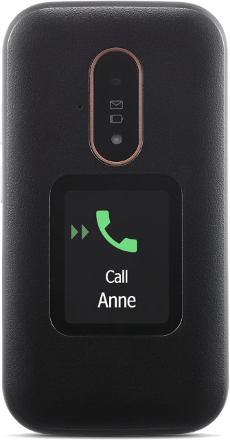 Un téléphone à clapet noir affichant un écran d'appel vers Anne. Le téléphone affiche une icône de téléphone verte et un bouton de lecture.