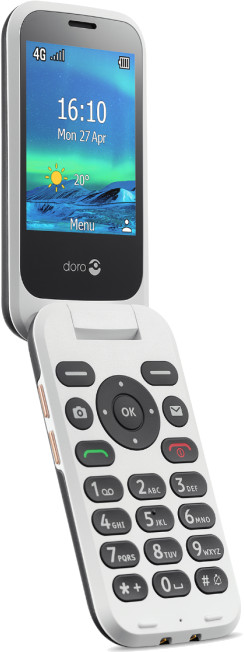 Un téléphone à clapet blanc avec un écran affichant l'heure et la date. Les boutons du téléphone sont grands et faciles à voir.