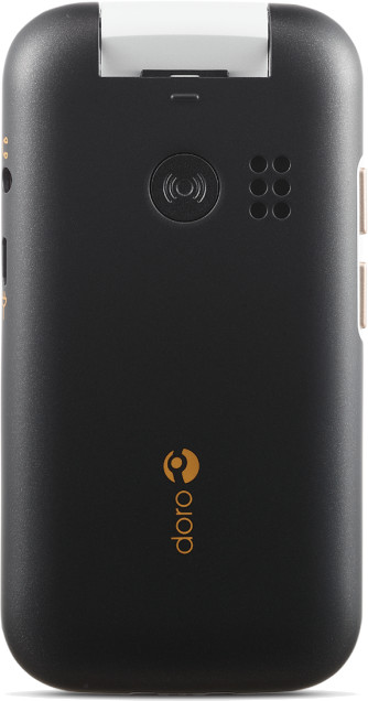 Dos de téléphone Doro noir. Possède une section supérieure blanche. Comprend un haut-parleur, une icône NFC centrale et le logo Doro en bas.