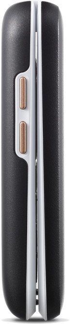 Un téléphone à clapet noir et blanc fermé. Deux boutons cuivrés sont visibles sur le côté. Intérieur blanc, le téléphone est droit.
