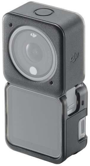 Schwarze Action-Kamera mit Objektiv, umhüllt von einem Schutzrahmen.