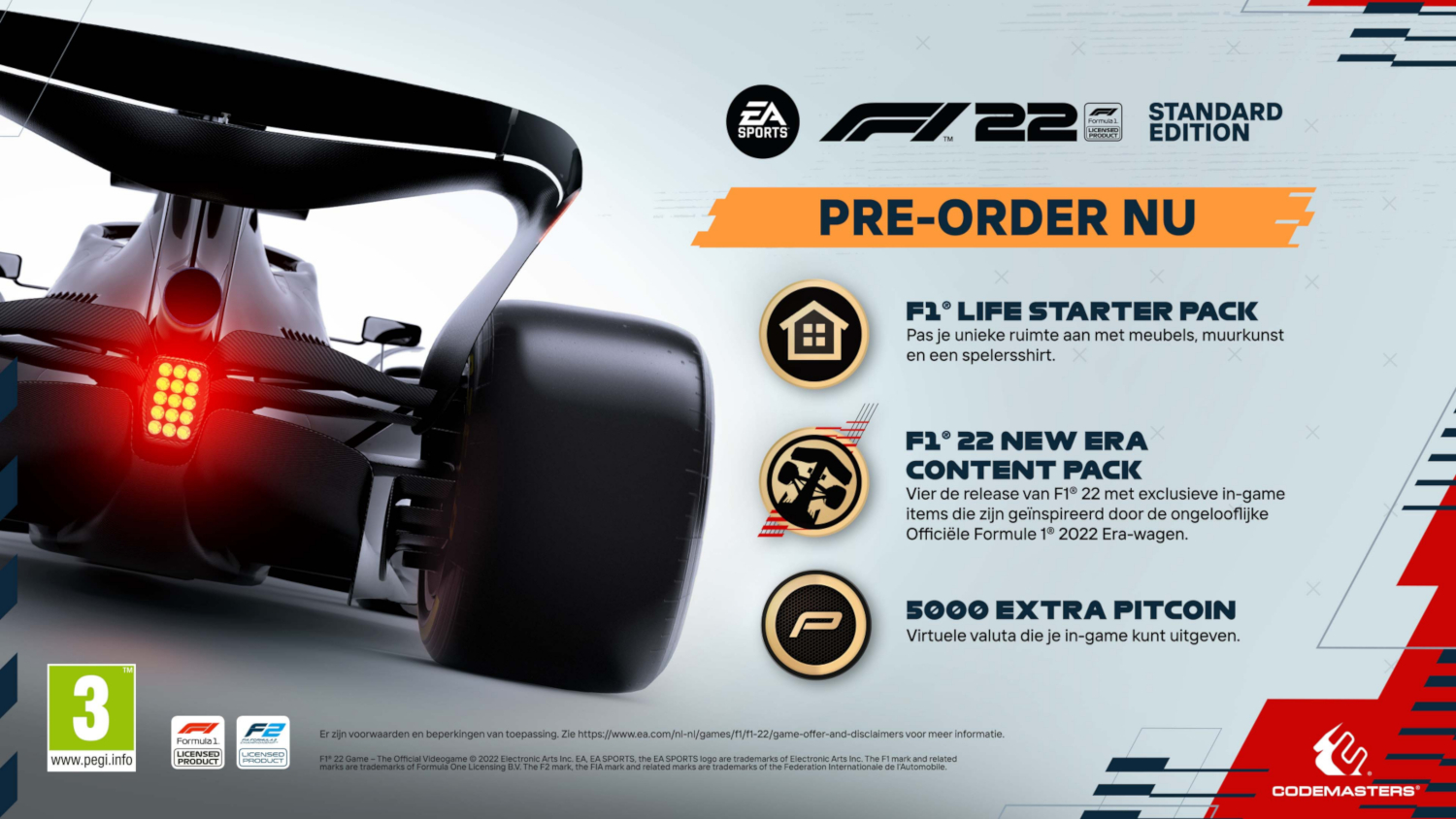 F1 22 game-advertentie. Toont een raceauto, tekst en grafische elementen. Details over het pre-orderpakket worden weergegeven.