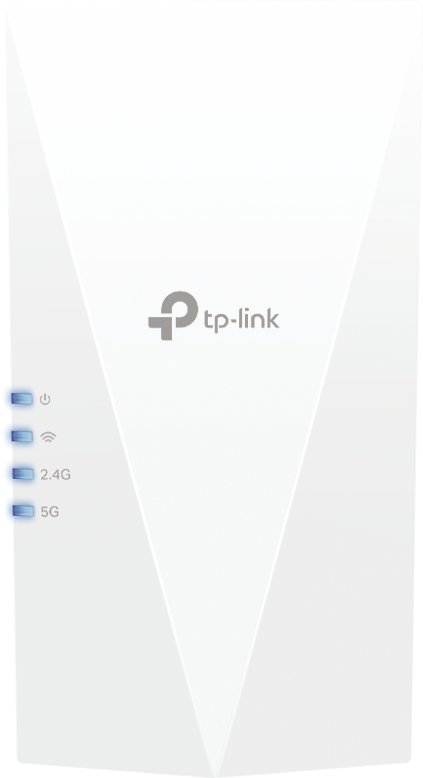 Egy fehér tp-link wifi jelerősítő jelzőfényekkel, fehér háttér előtt.