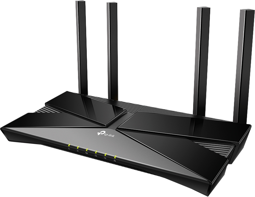Fekete TP-Link router hat antennával, ferde nézetben, fekete háttéren.