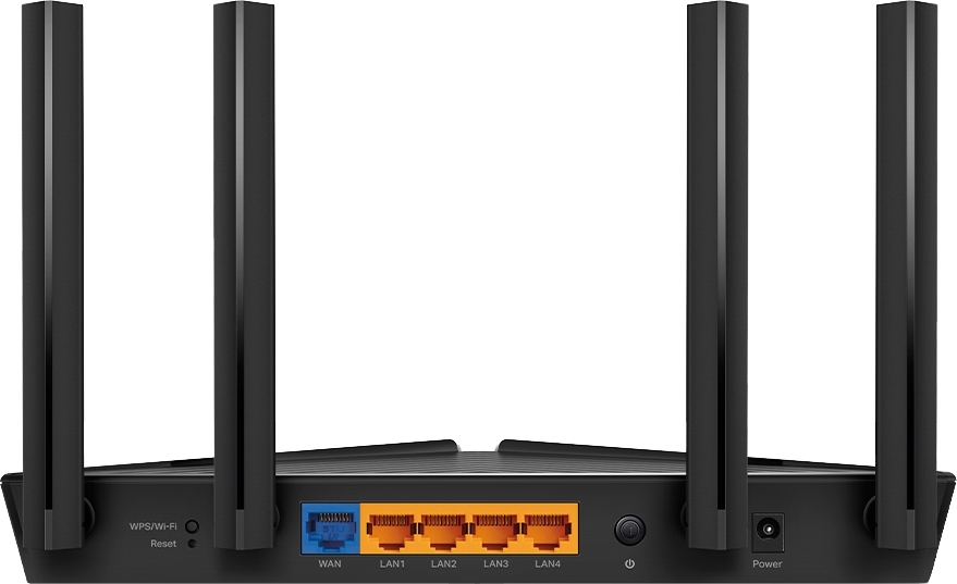 Router négy antennával, a hátoldalon látható portokkal.