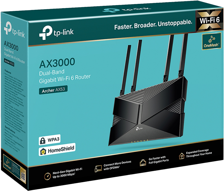 Tp-link AX3000 router doboz, fekete design, látható funkciók és logó.