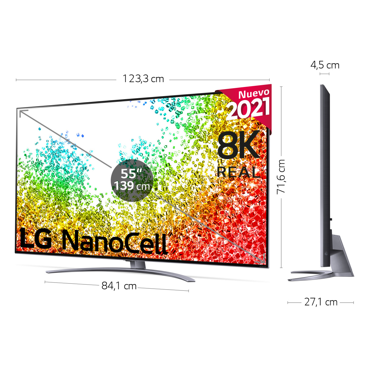 Un televisor LG NanoCell de 55" con dimensiones. Está etiquetado como 8K Real y Nuevo 2021. La pantalla muestra un abstracto colorido.