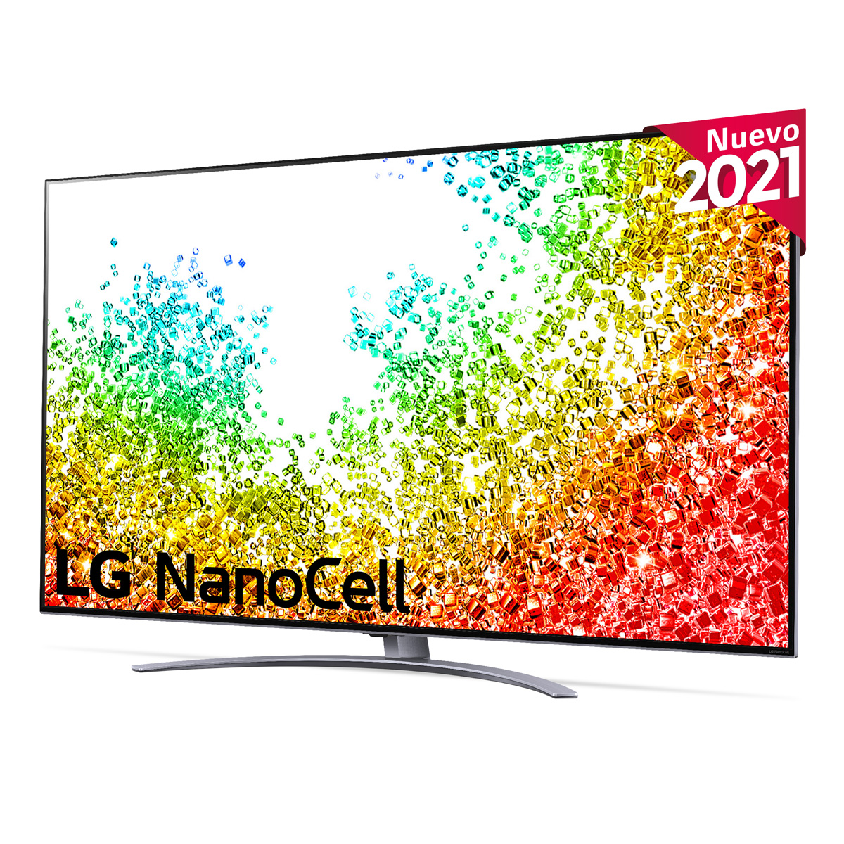 Un moderno televisor LG NanoCell mostrando patrones coloridos, con una etiqueta roja 'Nuevo 2021'.
