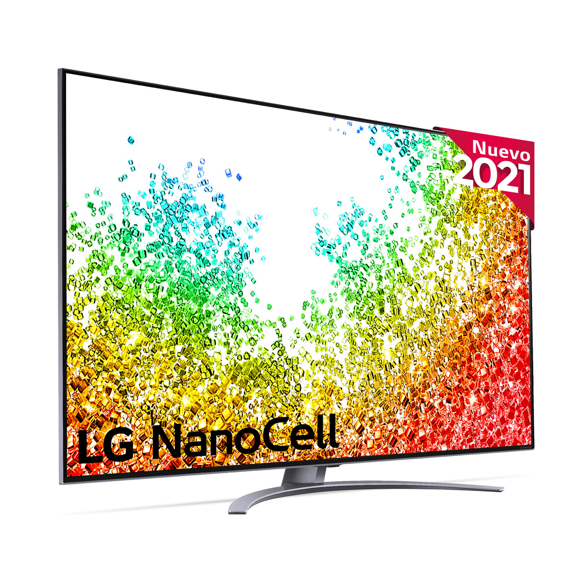 Un televisor LG Nanocell sobre fondo blanco, con una pantalla colorida.