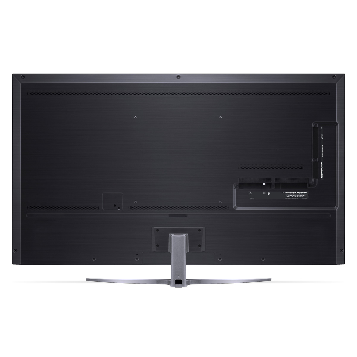 Vista trasera de un televisor negro con soporte. Son visibles múltiples puertos y un soporte plateado.