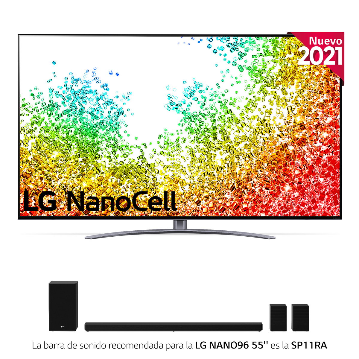 Un televisor con una barra de sonido y dos altavoces. El televisor tiene una pantalla colorida.