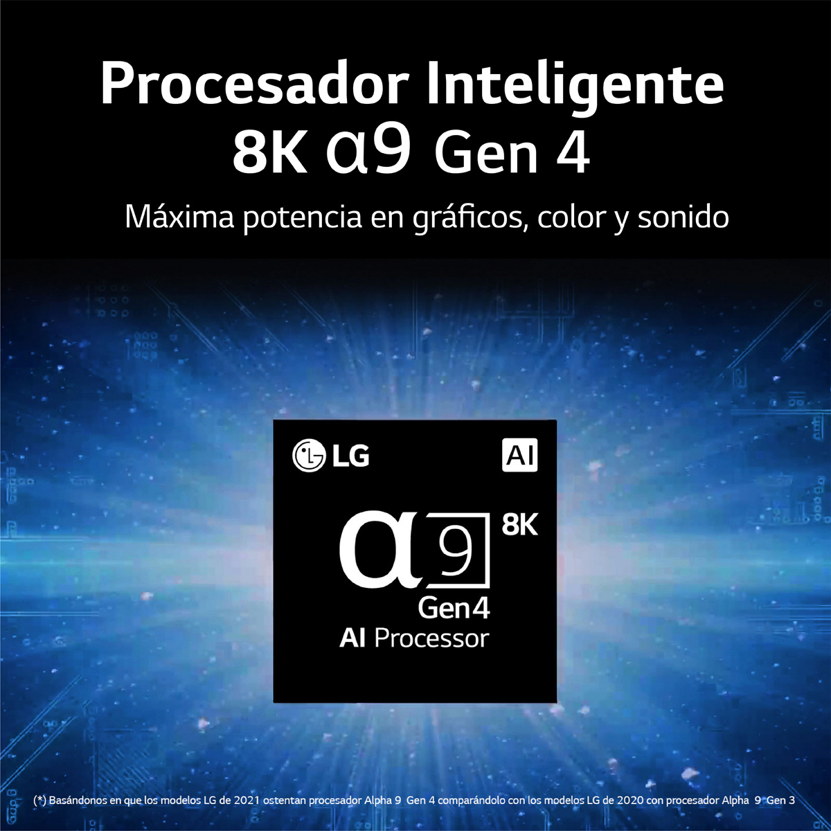 Una pantalla LG que muestra texto sobre el procesador α9 Gen4 AI.