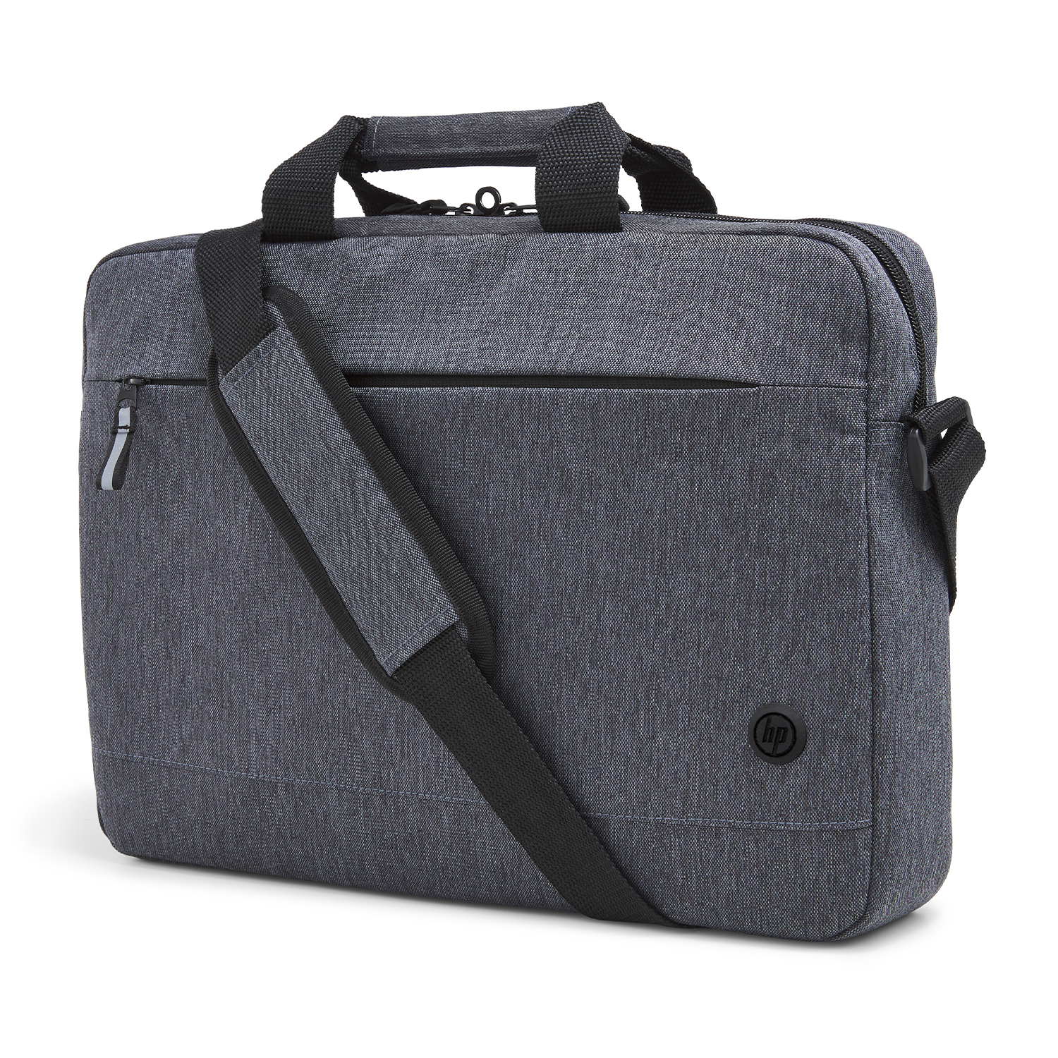 Borsa per laptop HP grigia con manico e tracolla su sfondo bianco.