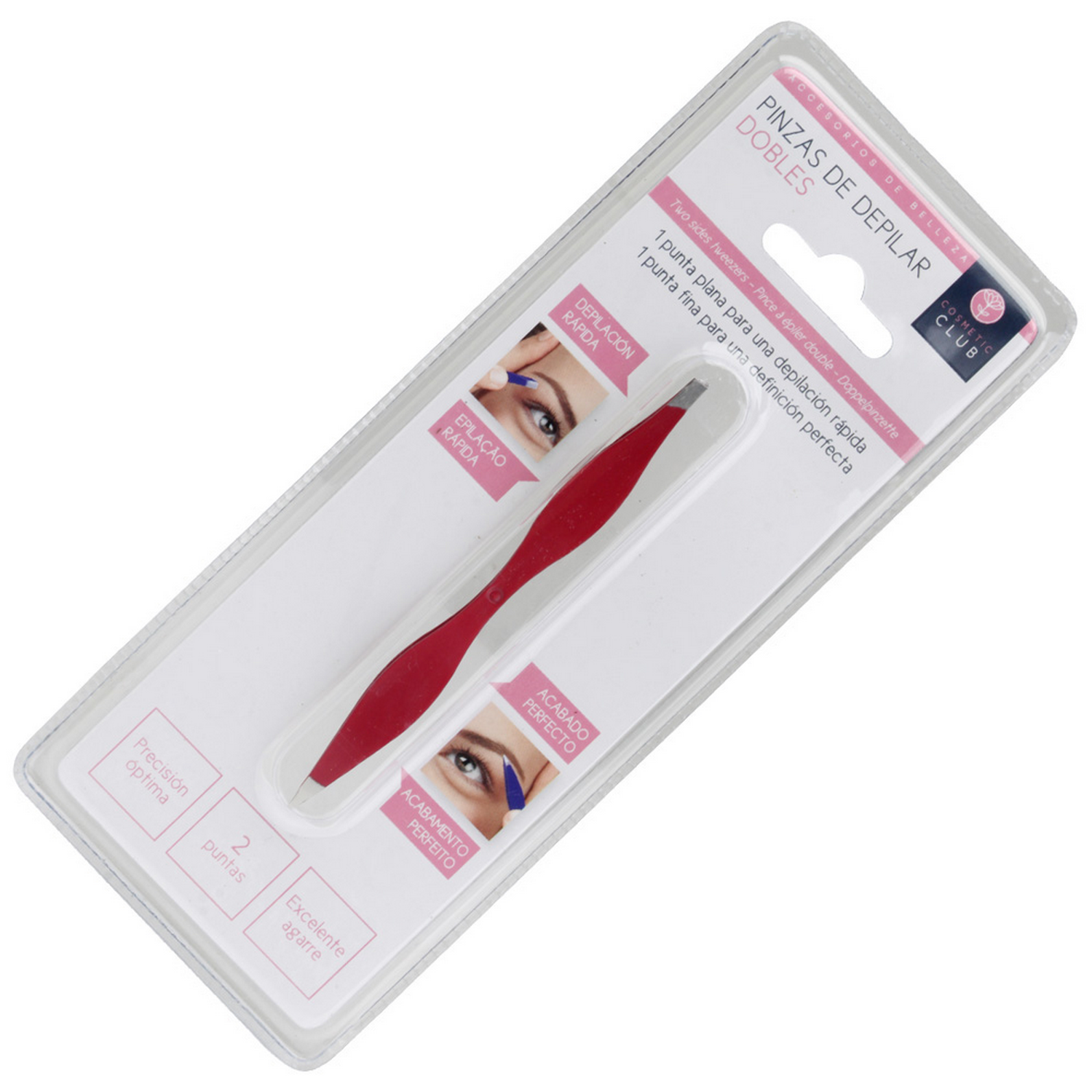 Paquete de pinzas rojas para el cuidado de cejas. El paquete muestra imágenes de cómo usar las pinzas.