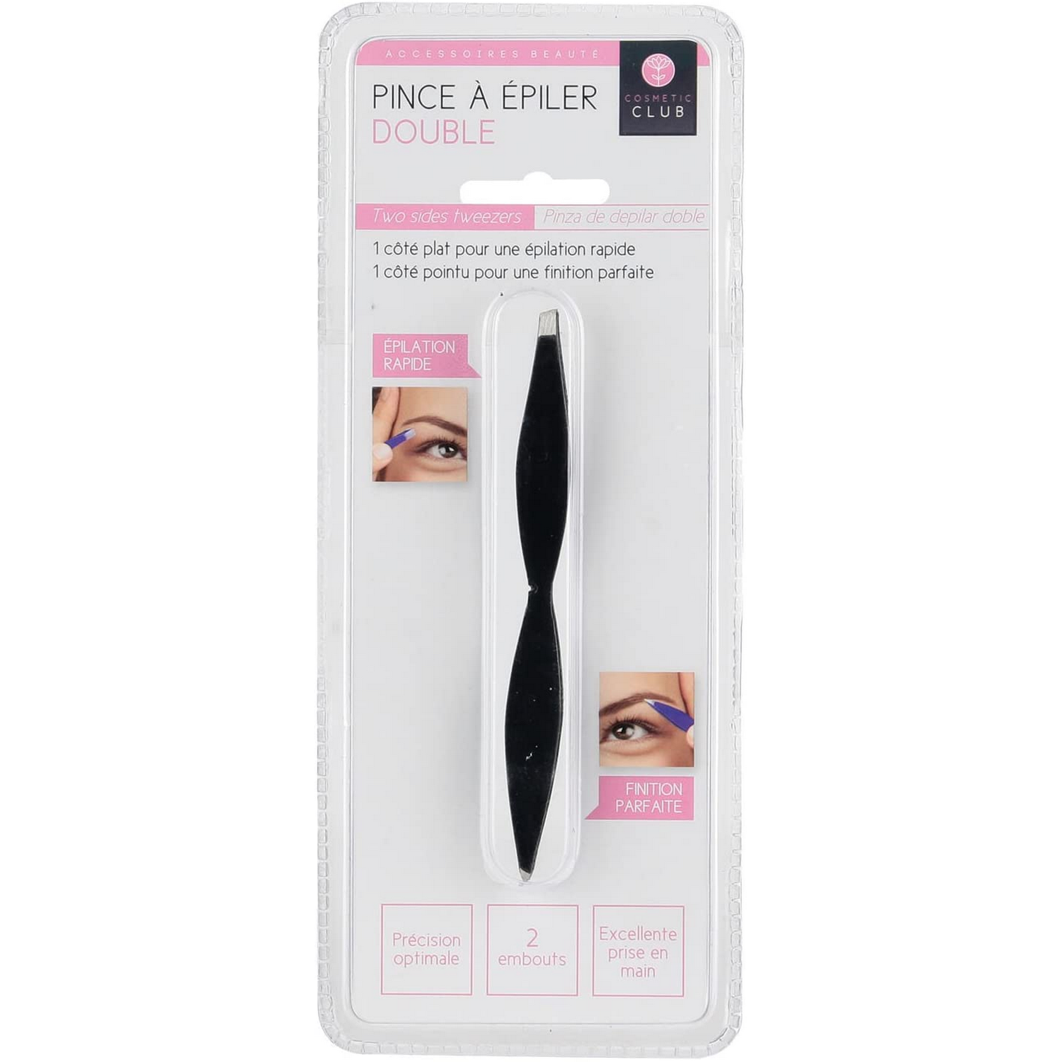 Un paquete de pinzas negras con un diseño de doble cara para depilar cejas.