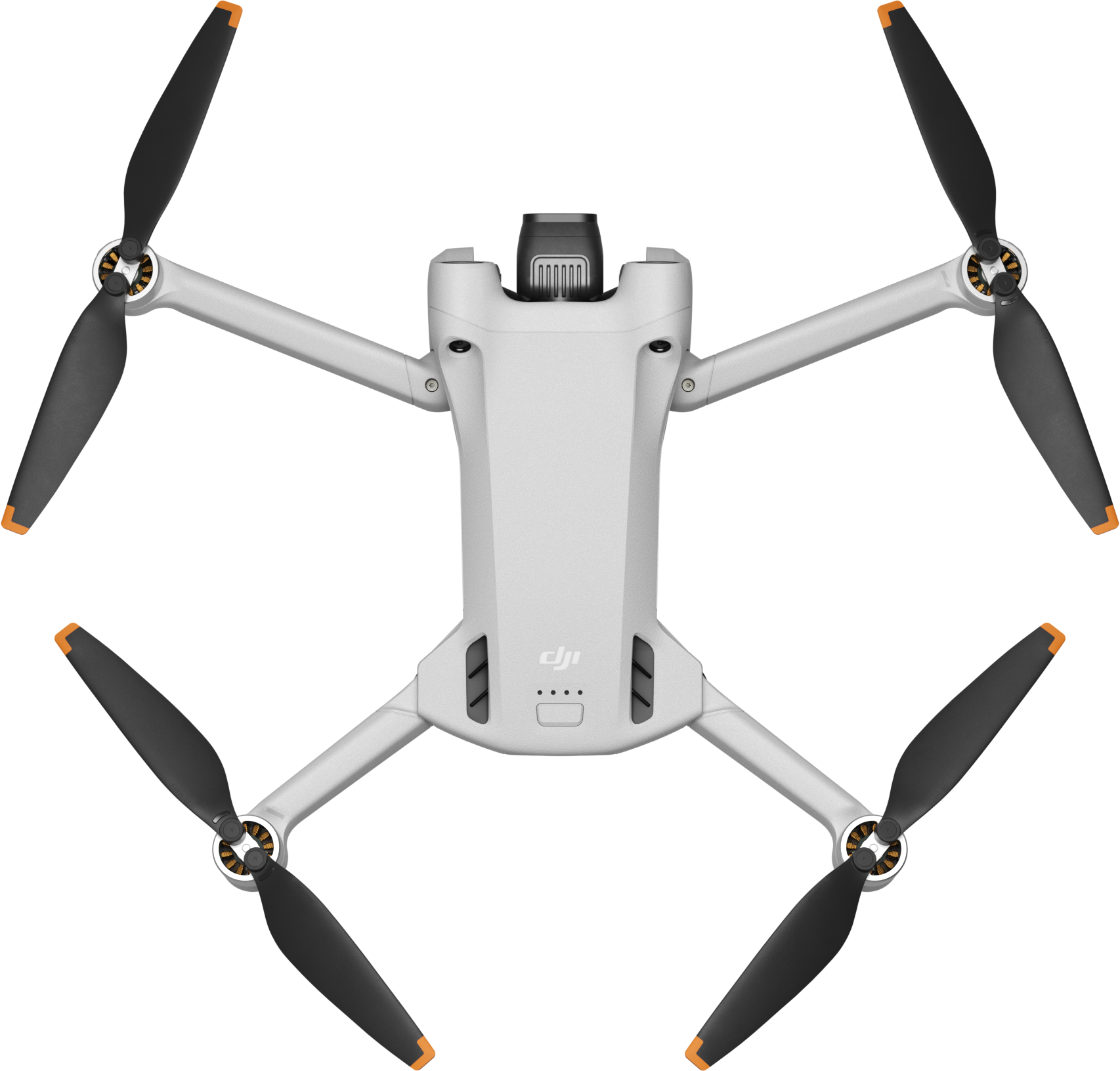 Drohne von oben. Weißer Körper, vier Propeller mit orangen Spitzen. DJI-Logo sichtbar.