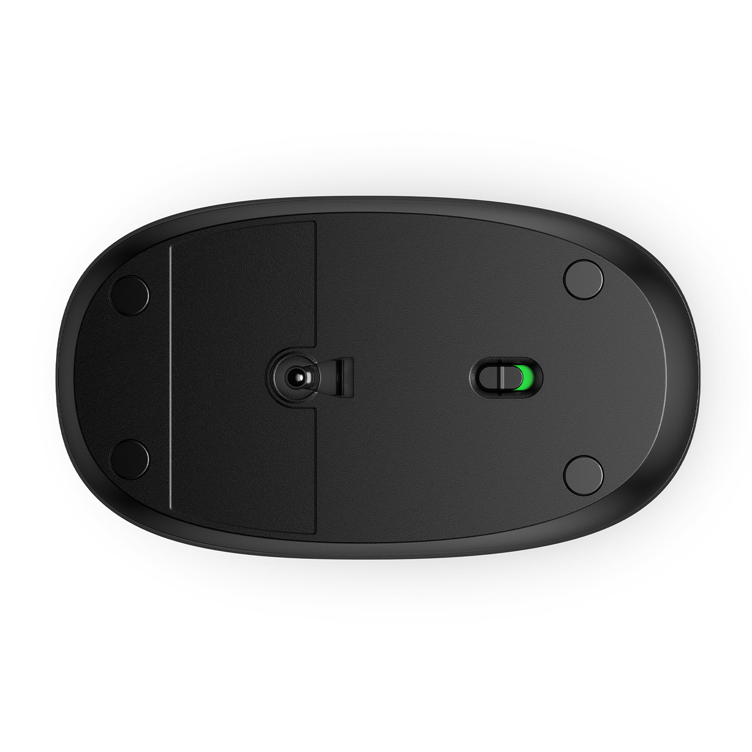 La parte inferiore di un mouse nero, con un interruttore di alimentazione verde e alcuni cuscinetti circolari.