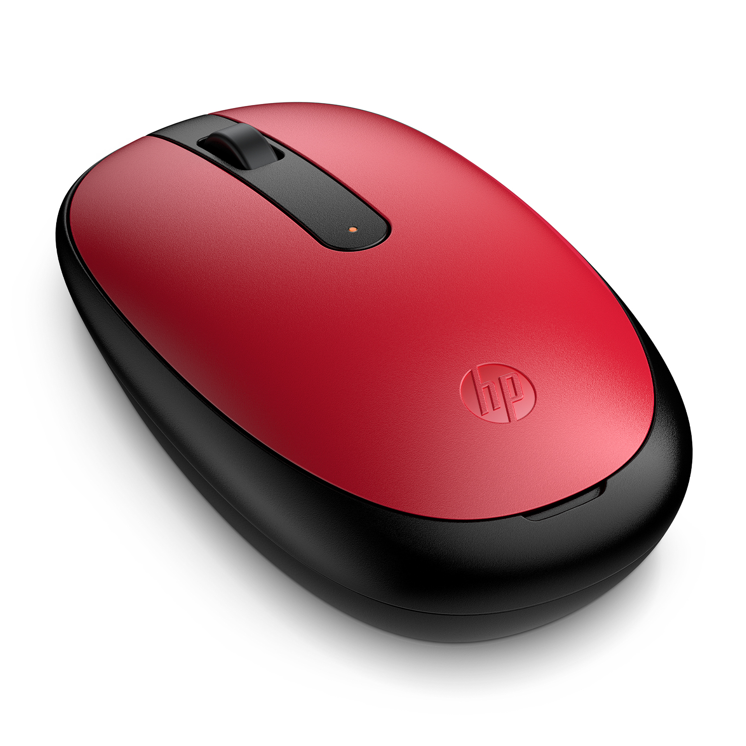 Mouse wireless HP rosso e nero. Vista dall'alto, rotella di scorrimento, logo HP, base nera.
