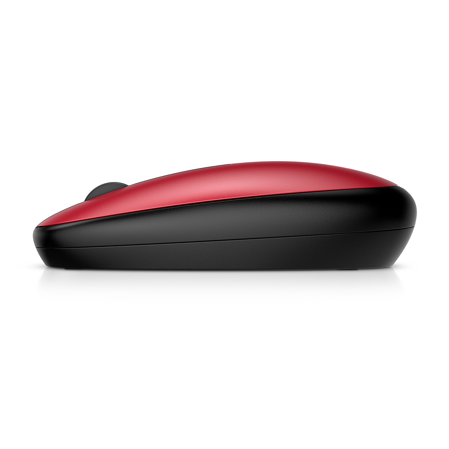 Un mouse per computer rosso e nero, visto di lato. Ha un design elegante e curvo.