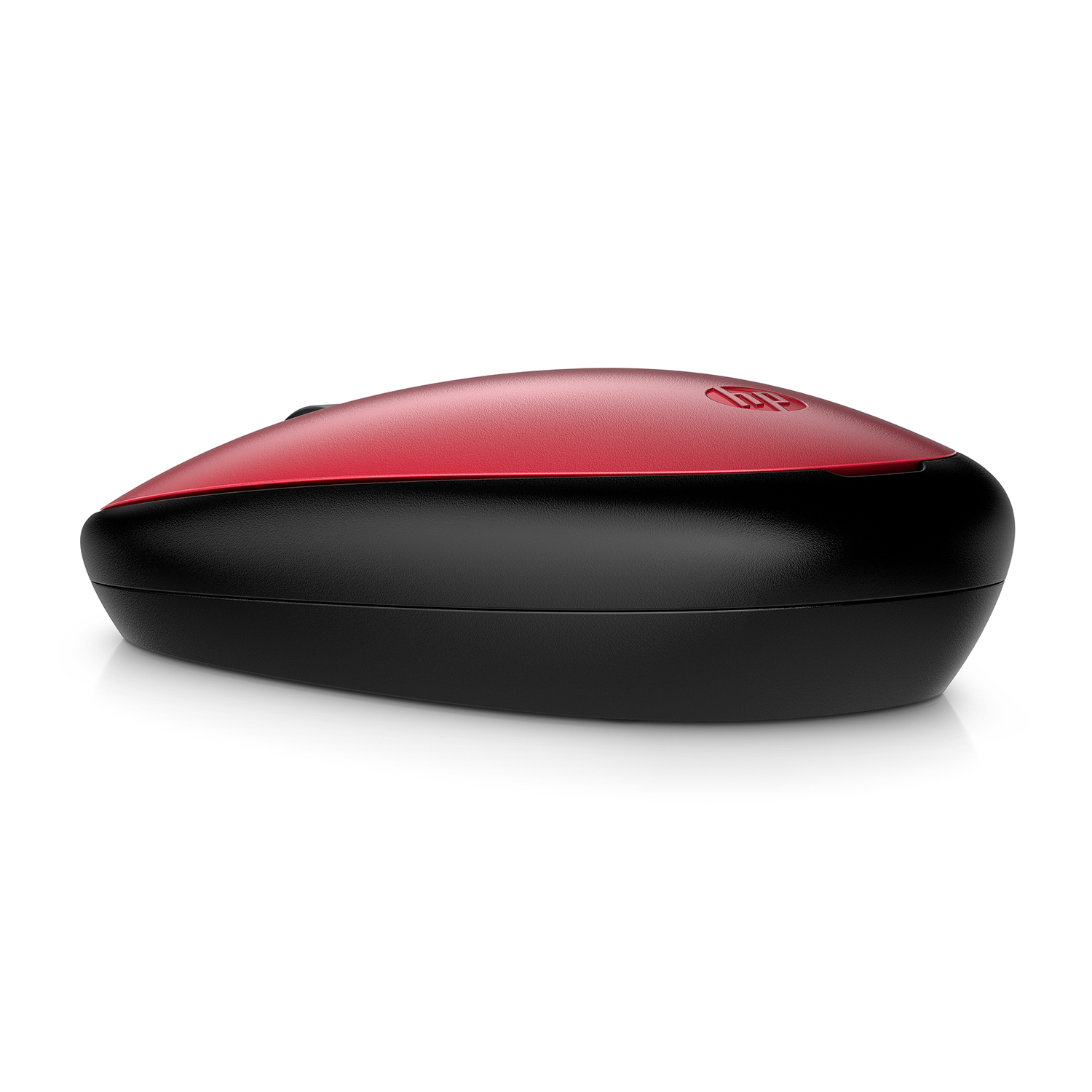 Un mouse per computer rosso e nero con un design arrotondato. La parte superiore è rossa e ha un logo.