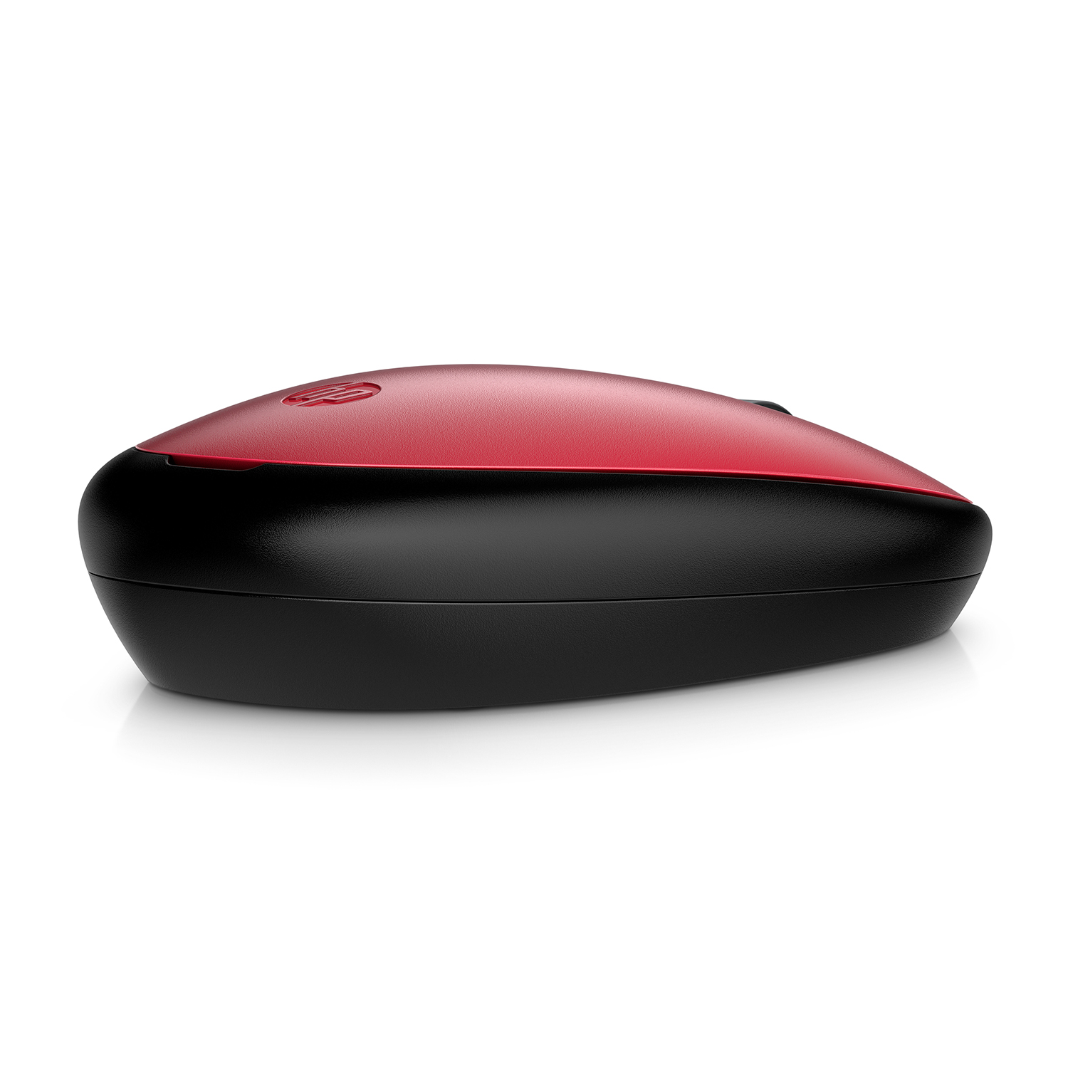 Mouse HP rosso e nero. La parte superiore è rossa e la parte inferiore nera.