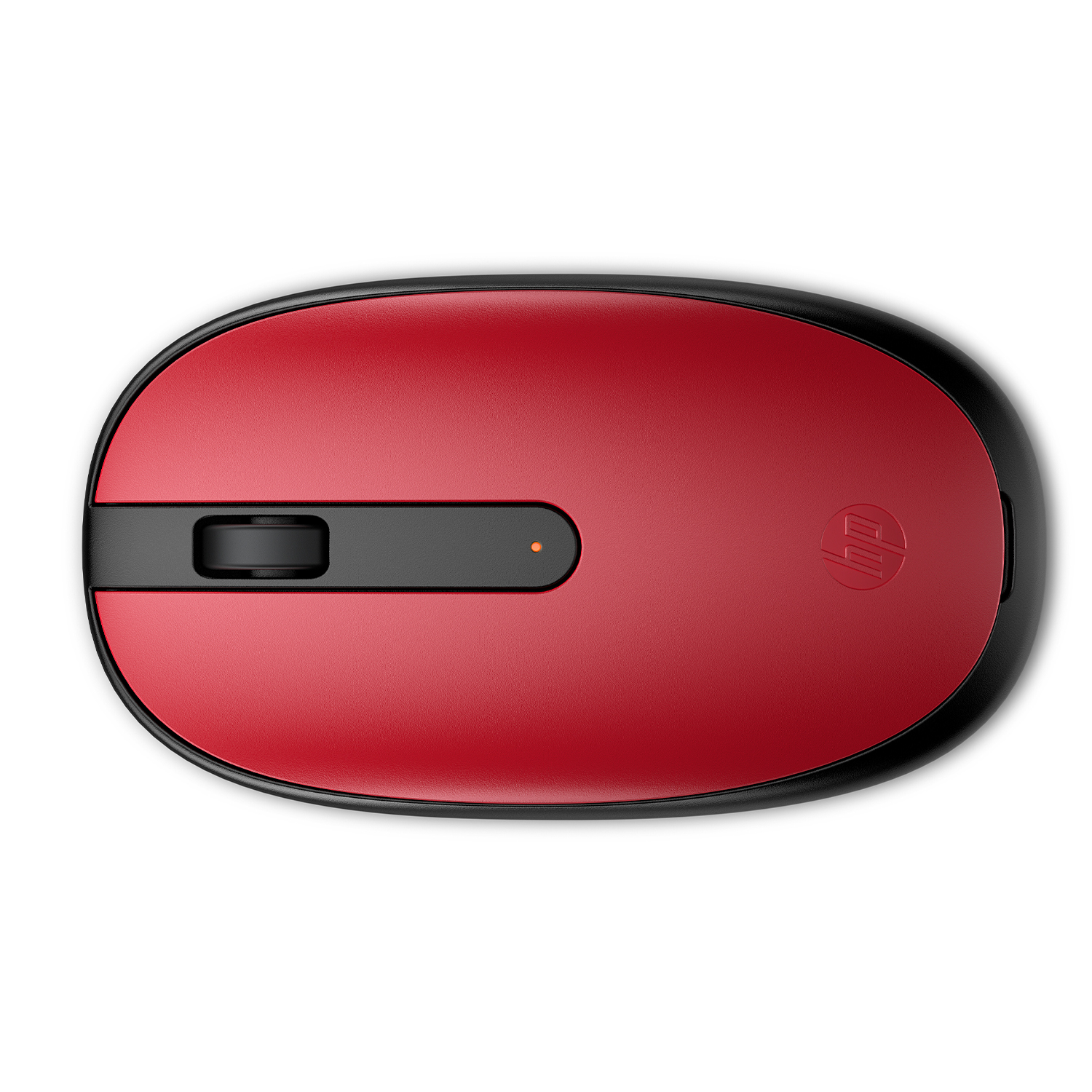 Mouse per computer rosso e nero. Il mouse ha forma ovale con rotella e logo HP.