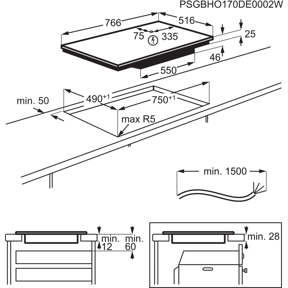 Diagram met afmetingen voor een inductiekookplaat. Boven- en zijaanzichten met afmetingen en labels.