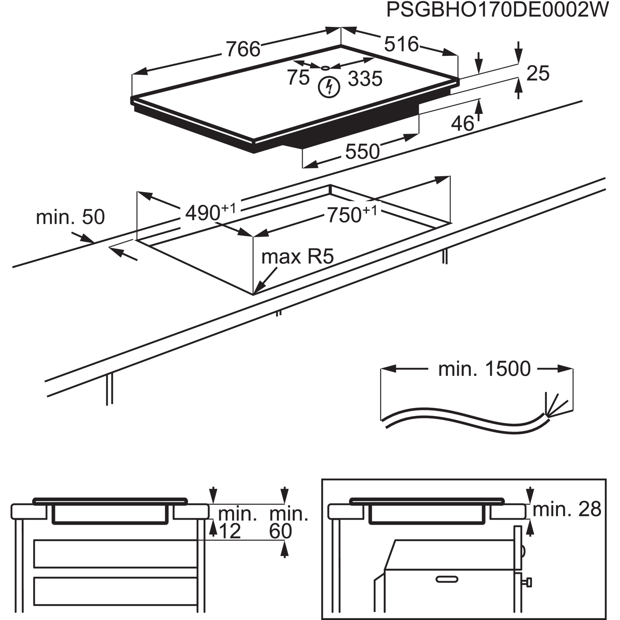 Diagram van een zwarte inductiekookplaat met afmetingen, afmetingen en installatiedetails.