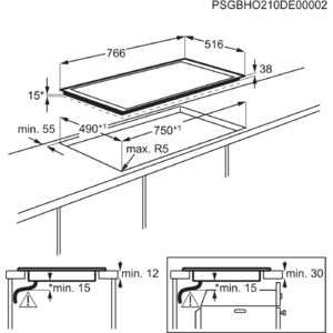 Diagram showing dimensions for a cooktop, with measurements in millimeters.